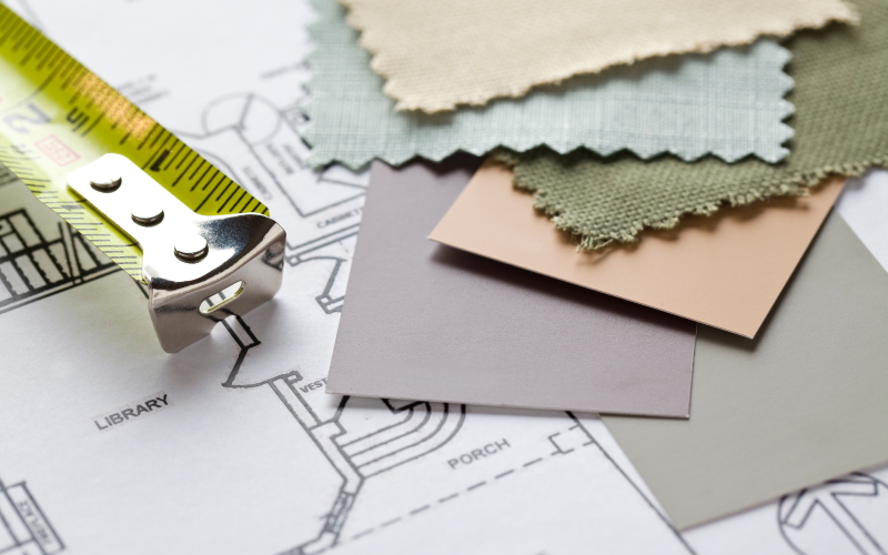 measuring tape, color swatch is sitting on blueprints
